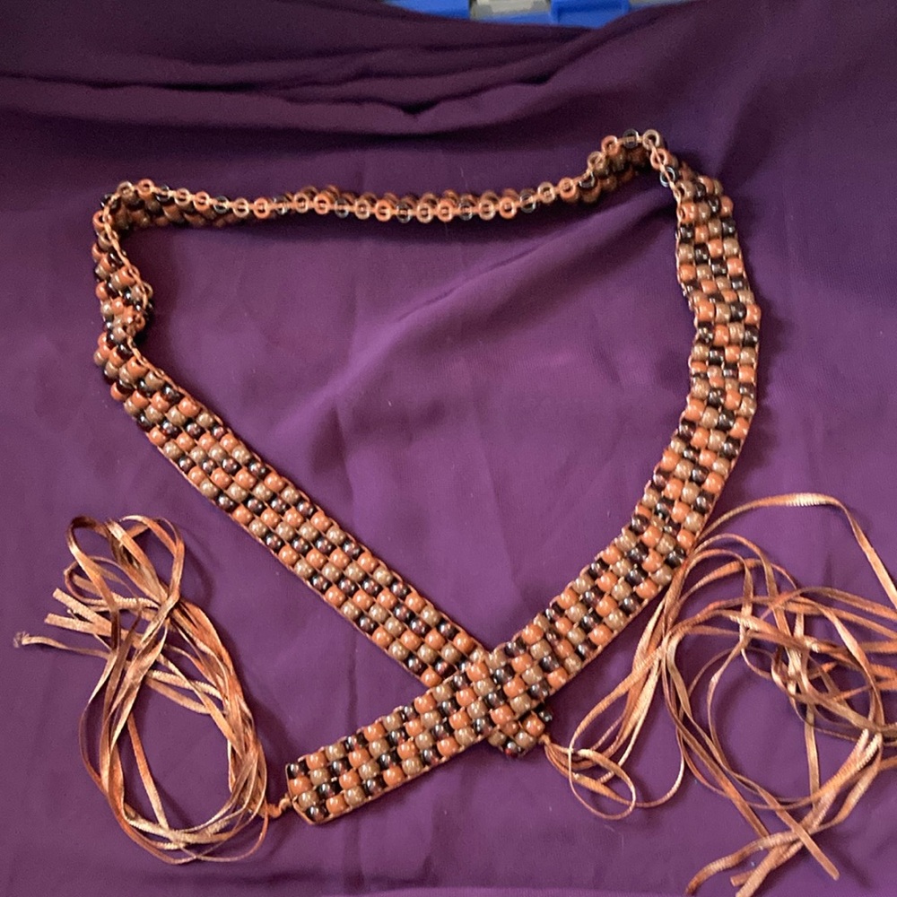Elegant Brown Beaded Belt With Ribbon Ties 35”